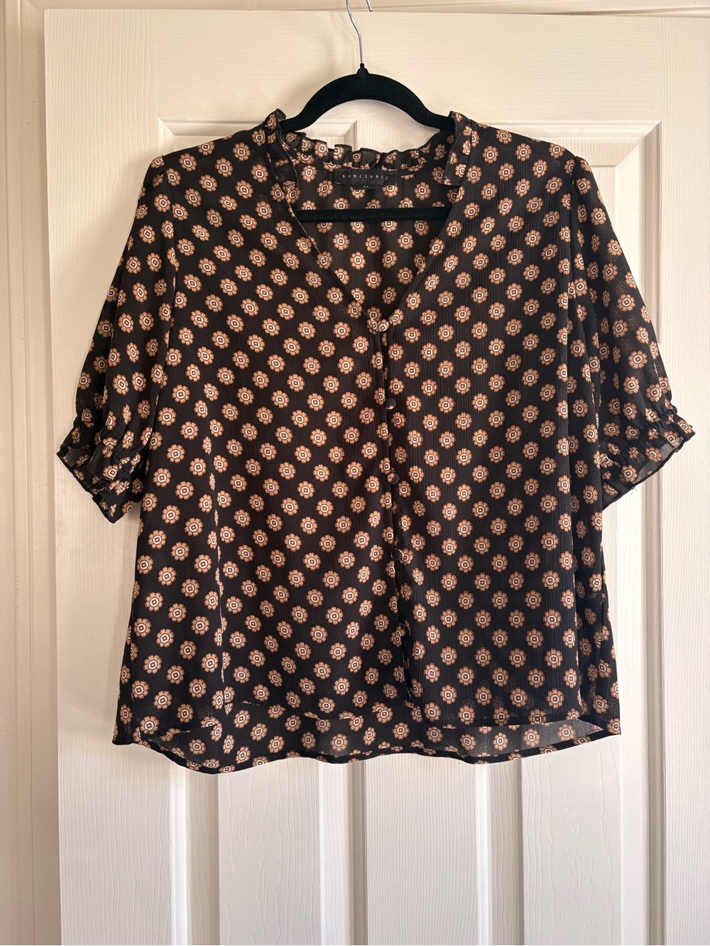 Sanctuary Black Blouse with Peach Floral Medallions
